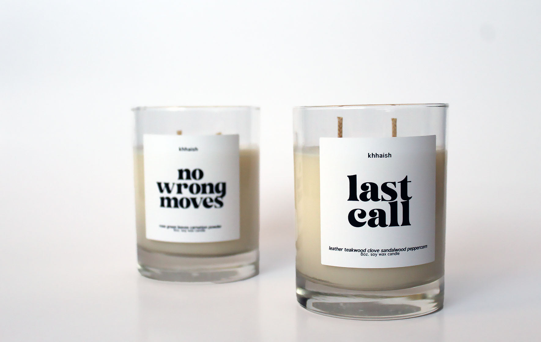 Two candles with labels 'no wrong moves' and 'last call' on a white background